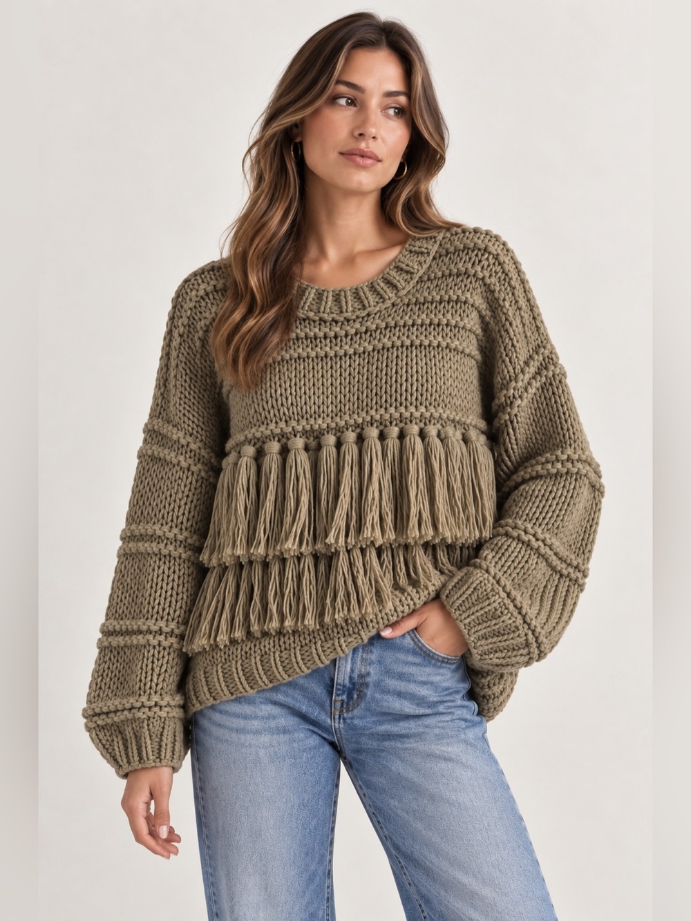 Sage Neutral with hint of olive Fringe Chunky Knit Sweater